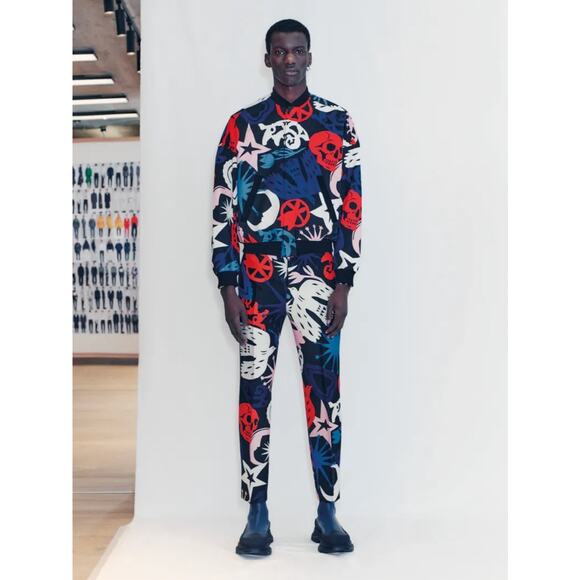 AW21 Runway Size 34 Black Multi Color Graffiti Wool Silk Dress Pants - Picture 2 of 7